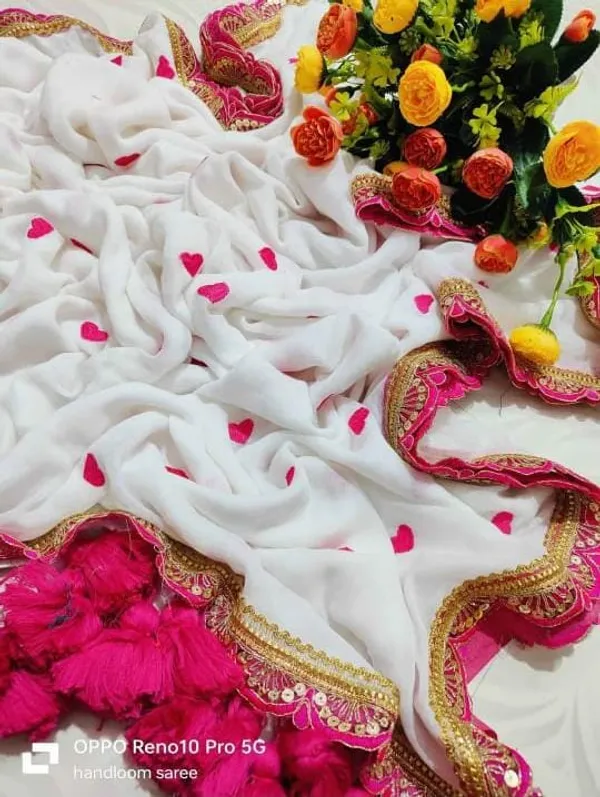 White_Pure_Mul_Cotton_Heart_Embroidery_Sequin_Lace_Saree_For_Women