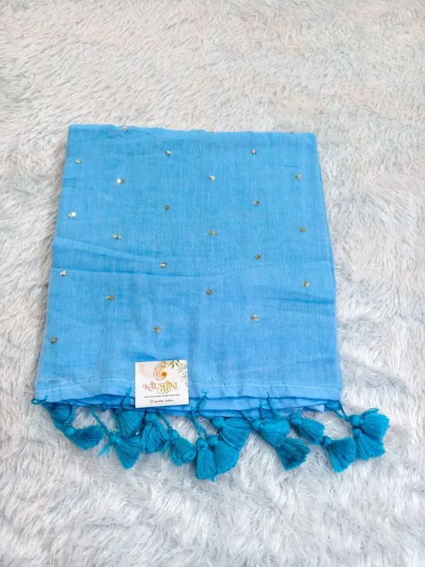 Sky_Blue_Mul_Cotton_Small_Sequin_Work_Saree_For_Women
