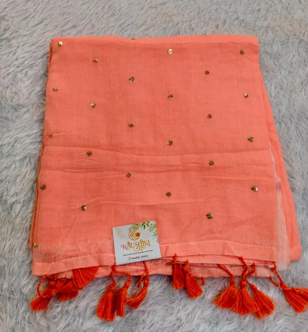 Orange_Mul_Cotton_Small_Sequin_Work_Saree_For_Women
