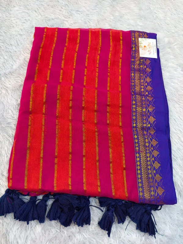 Multicolor_Pure_Mul_Cotton_Golden_Stripes_Saree_For_Women