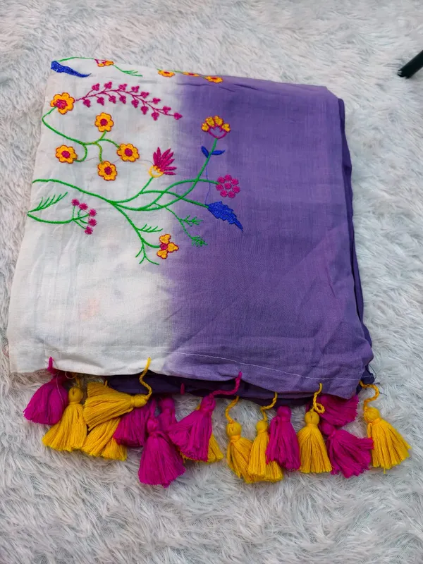 White_Lavender_Pure_Mul_Cotton_Two-Tone_Embroidery_Saree_For_Women