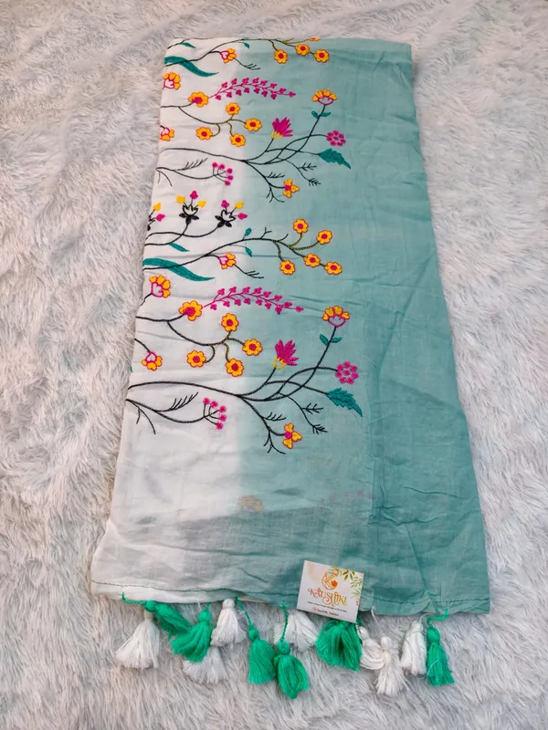 White_Blue_Pure_Mul_Cotton_Two-Tone_Embroidery_Saree_For_Women