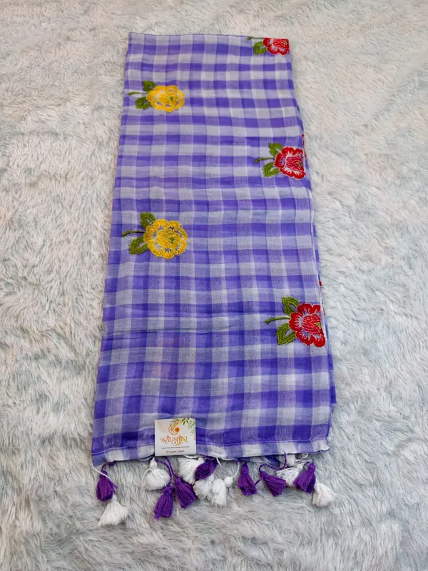 Purple_Pure_Mul_Cotton_Check_Embroidery_Saree_For_Women