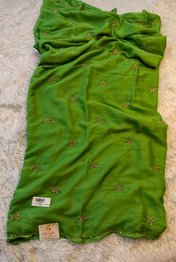 Parrot_Green_Pure_Chiffon_Sequin_Work_Saree_For_Women