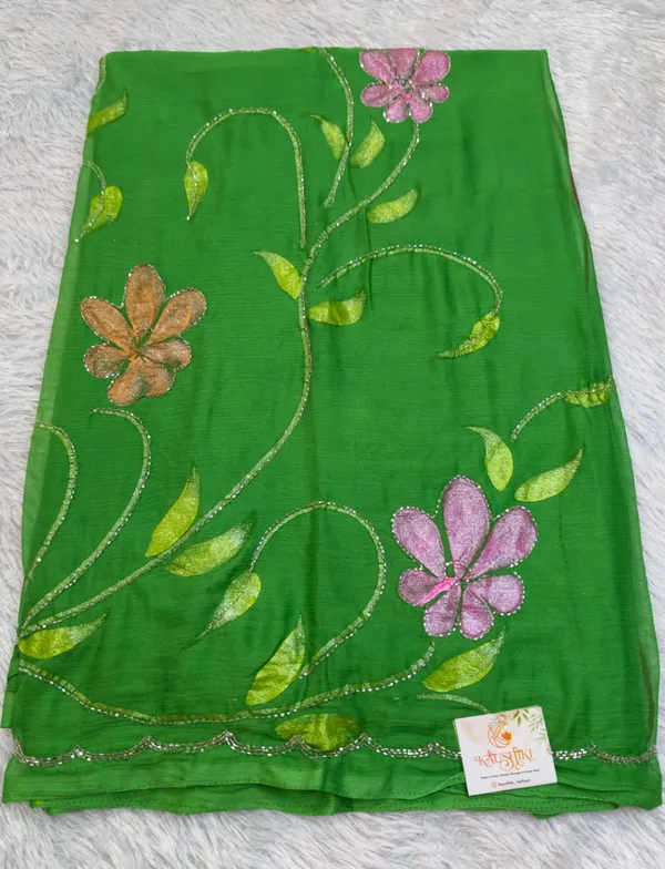 Parrot_Green_Pure_Chiffon_Hand_Painted_Kat_Dana_Saree_For_Women