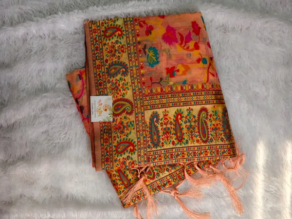 Peach_Cotton_Pashmina_Banarasi_Weave_Saree_For_Women