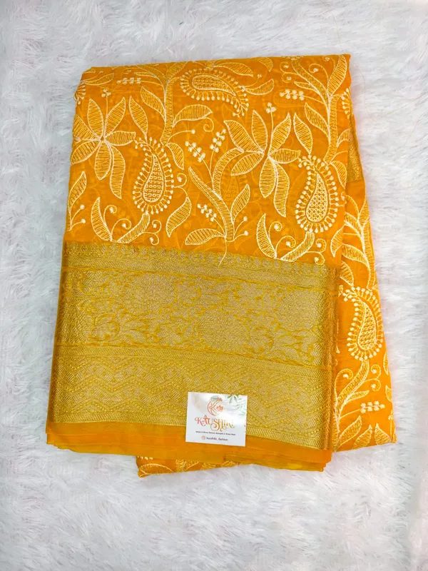 Yellow_Organza_Banarasi_Chikankari_Saree_For_Women