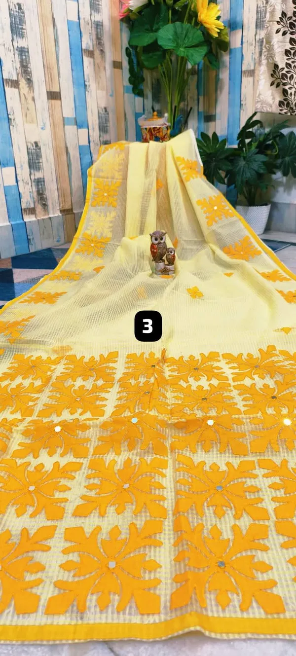 Lemon_Yellow_Resham_Kota_Applique_Work_Saree_For_Women