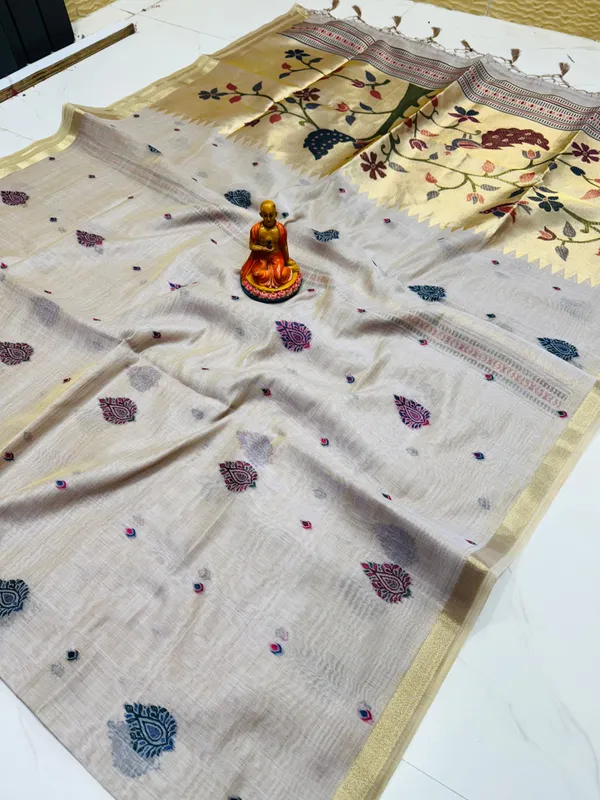 Light_Cream_Semi_Tasar_Paithani_Saree_For_Women