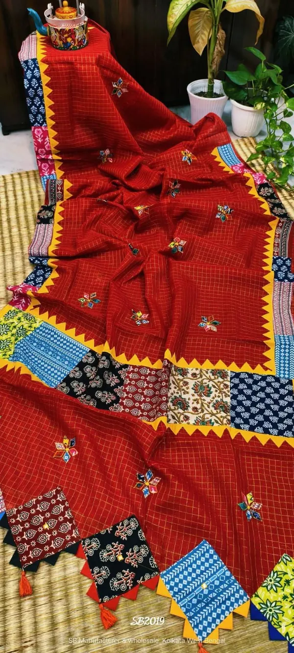 Red_Pure_Cotton_Zari_Check_Ajrakh_Patchwork_Saree_For_Women