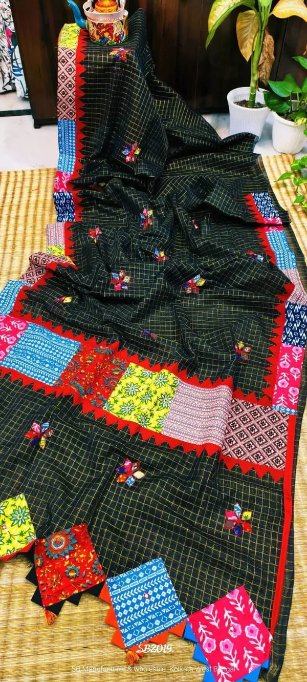 Black_Pure_Cotton_Zari_Check_Ajrakh_Patchwork_Saree_For_Women