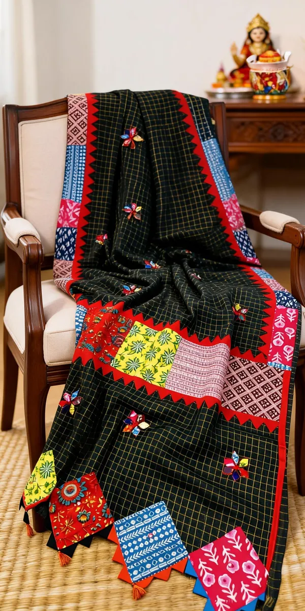Black_Pure_Cotton_Zari_Check_Ajrakh_Patchwork_Saree_For_Women