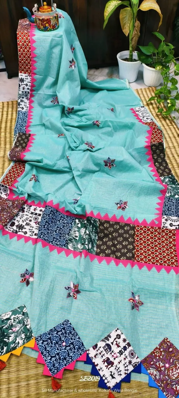 Sky_Blue_Pure_Cotton_Zari_Check_Ajrakh_Patchwork_Saree_For_Women