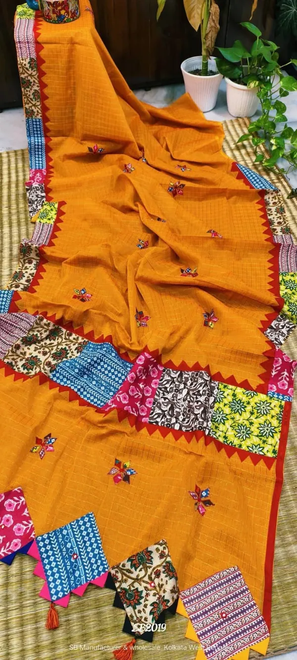 Mustard_Yellow_Pure_Cotton_Zari_Check_Ajrakh_Patchwork_Saree_For_Women