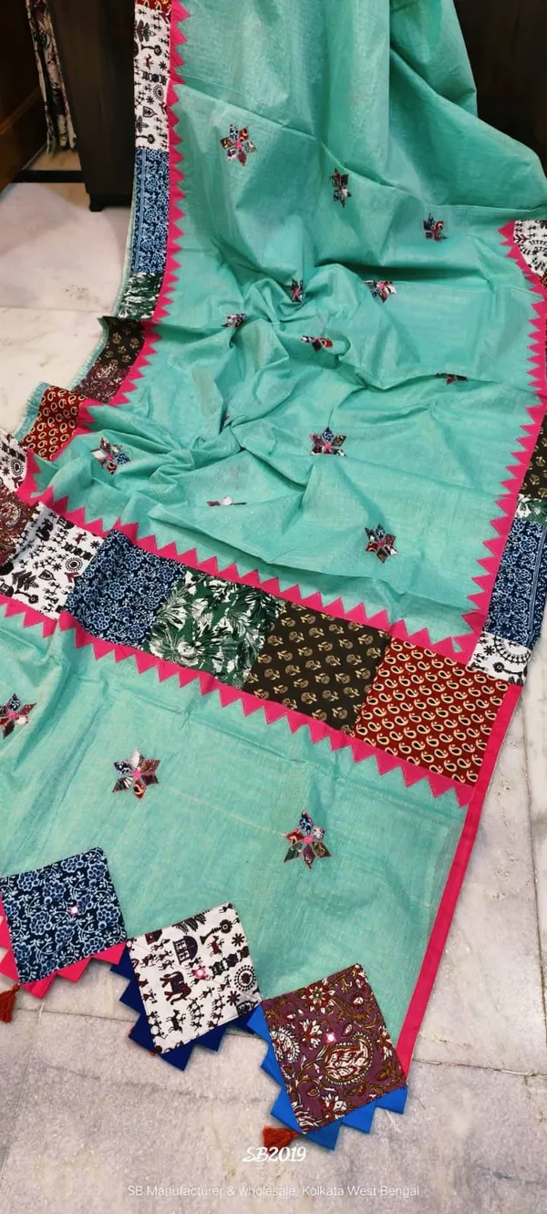 Sky_Blue_Pure_Cotton_Zari_Check_Ajrakh_Patchwork_Saree_For_Women