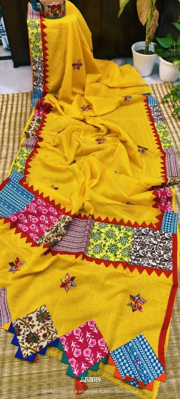 Turmeric_Yellow_Pure_Cotton_Zari_Check_Ajrakh_Patchwork_Saree_For_Women
