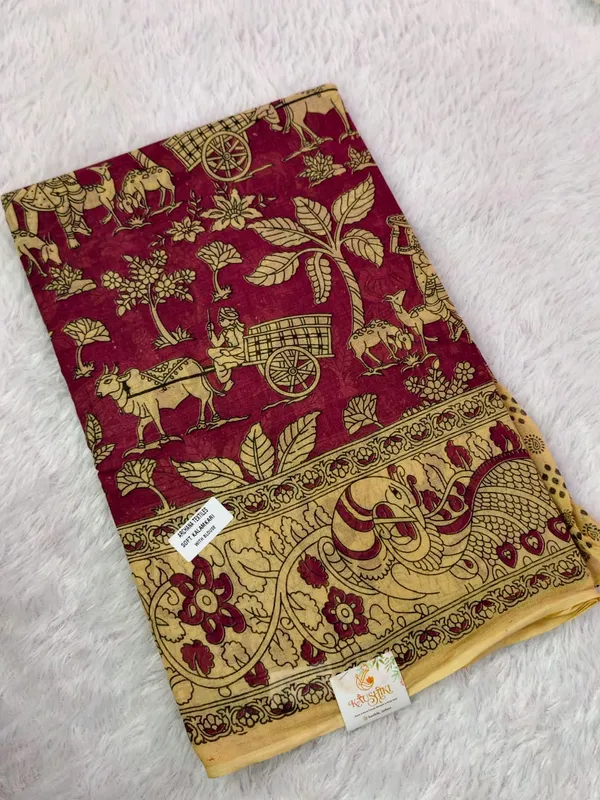 Maroon_Beige_Pure_Soft_Cotton_Handloom_Kalamkari_Saree_For_Women