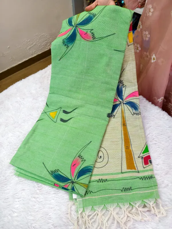 Pista_Green_Cream_Pure_Khadi_Cotton_Handloom_Hand_Painted_Saree_For_Women
