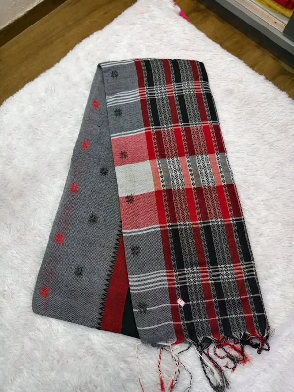Gray_Pure_Khadi_Cotton_Handloom_Striped_Saree_For_Women