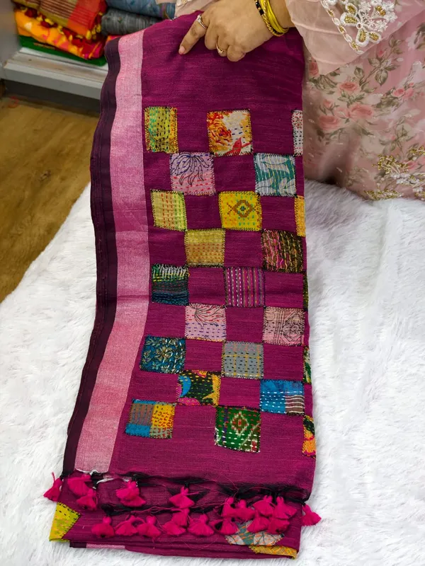 Magenta_Pure_Khadi_Cotton_Handloom_Patchwork_Saree_For_Women
