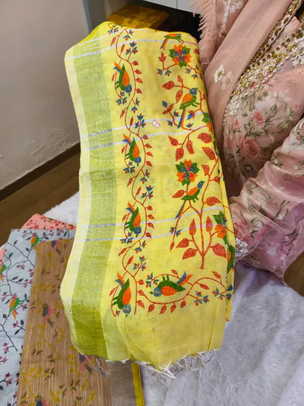 Lemon_Yellow_Pure_Linen_Handloom_Saree_For_Women