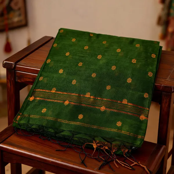 Olive_Green_Pure_Cotton_Maheshwari_Golden_Buti_Saree_For_Women