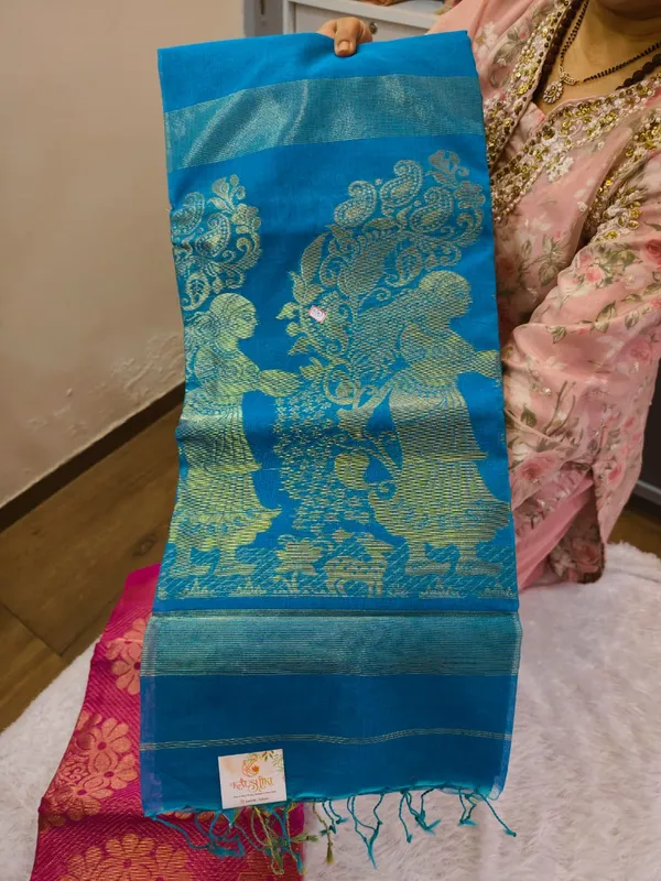 Sky_Blue_Pure_Cotton_Maheshwari_Golden_Buti_Saree_For_Women