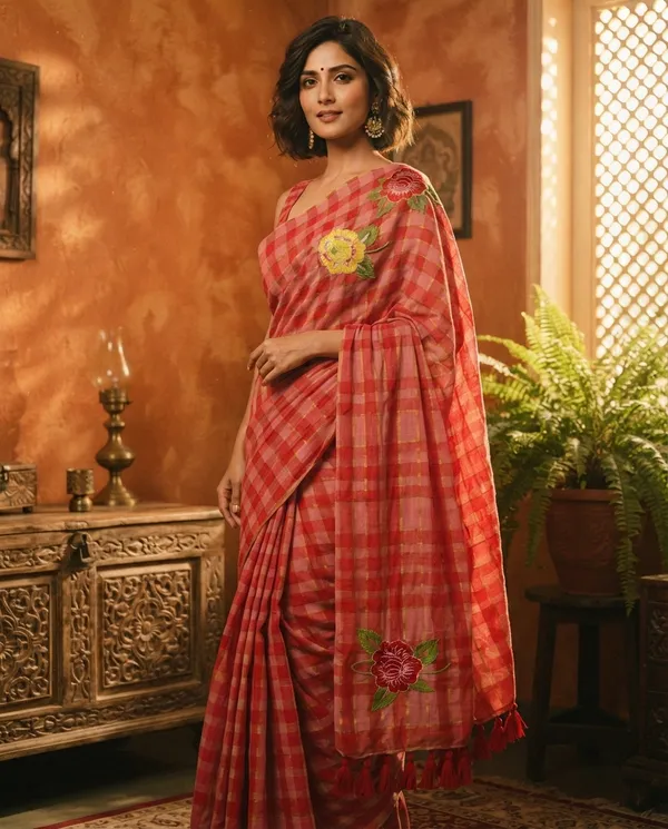 Red_Pure_Mul_Cotton_Check_Embroidery_Saree_For_Women