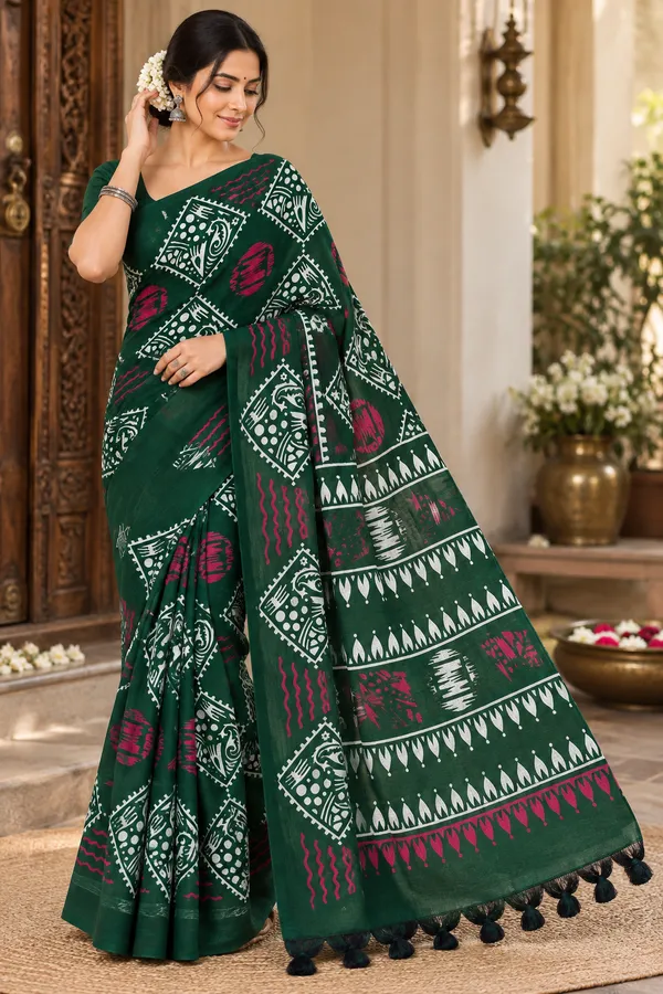 Bottle_Green_Khadi_Cotton_Hand_Painted_Saree_For_Women