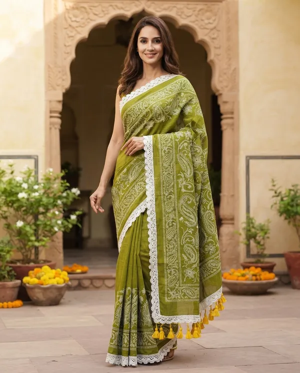 Olive_Green_Mul_Cotton_Chikankari_Saree_For_Women