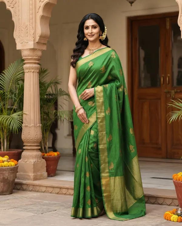 Parrot_Green_Dola_Silk_Golden_Zari_Motifs_Saree_For_Women