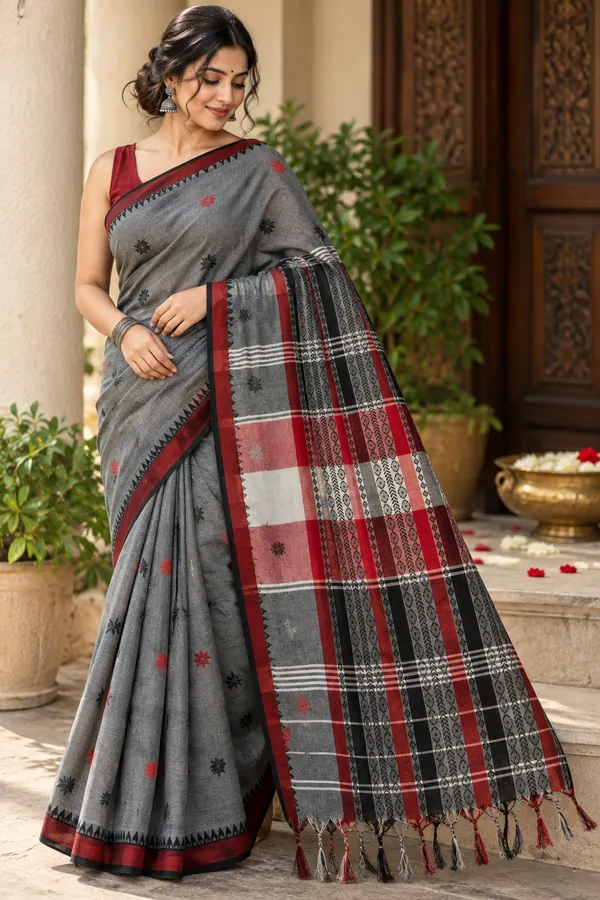 Gray_Pure_Khadi_Cotton_Handloom_Striped_Saree_For_Women