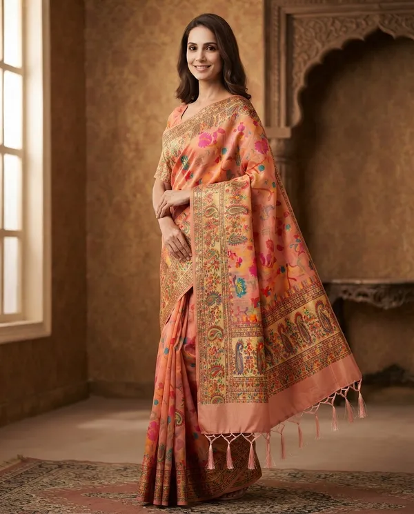Peach_Cotton_Pashmina_Banarasi_Weave_Saree_For_Women
