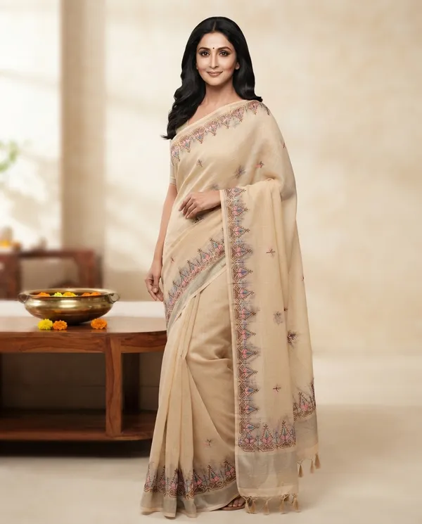Cream_Soft_Cotton_Kantha_Stitch_Saree_For_Women