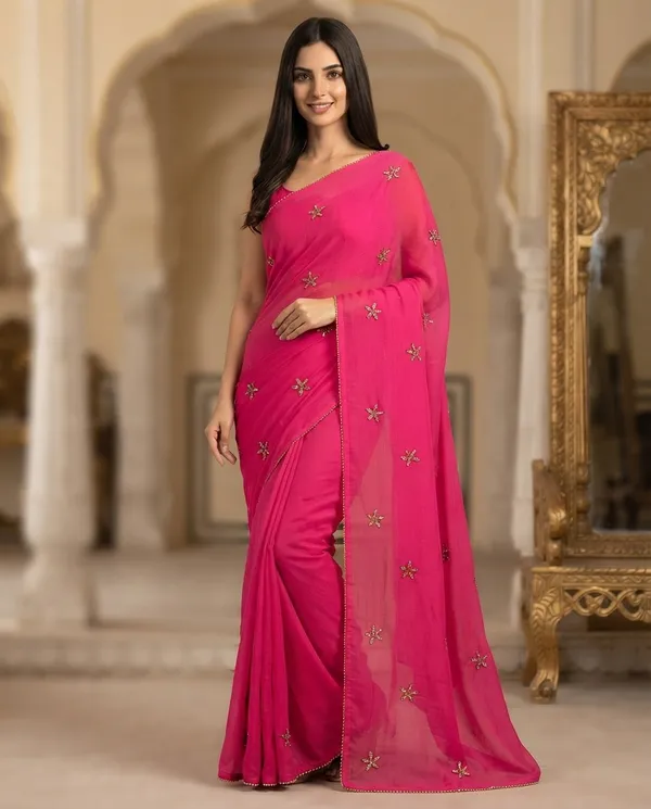 Peach_Pink_Pure_Chiffon_Sequence_Work_Saree_For_Women