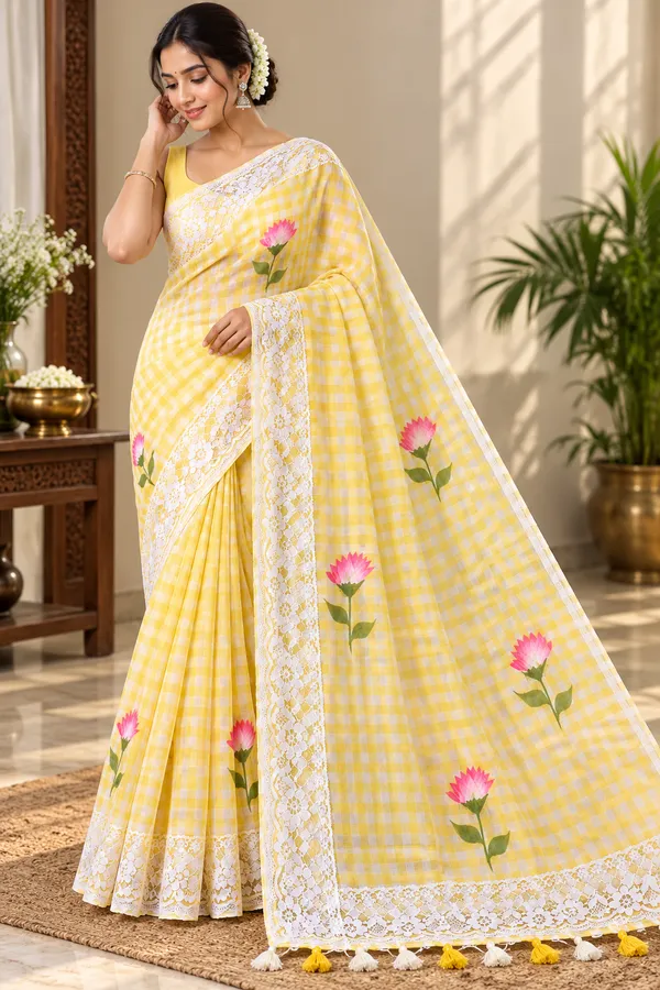 Lemon_Yellow_Pure_Mul_Cotton_Check_Print_Floral_Lace_Saree_For_Women