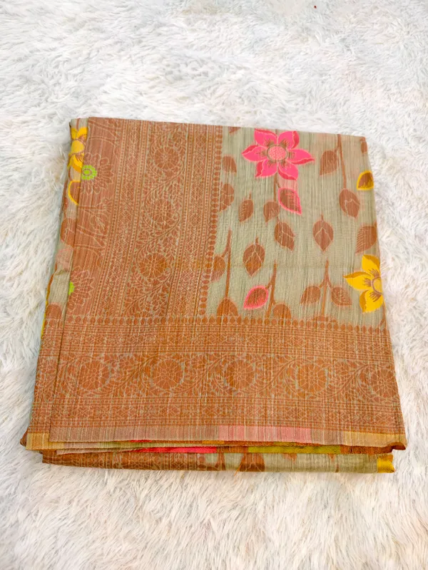 Earthy_Brown_Cotton_Linen_Floral_Leafy_Print_Saree_For_Women