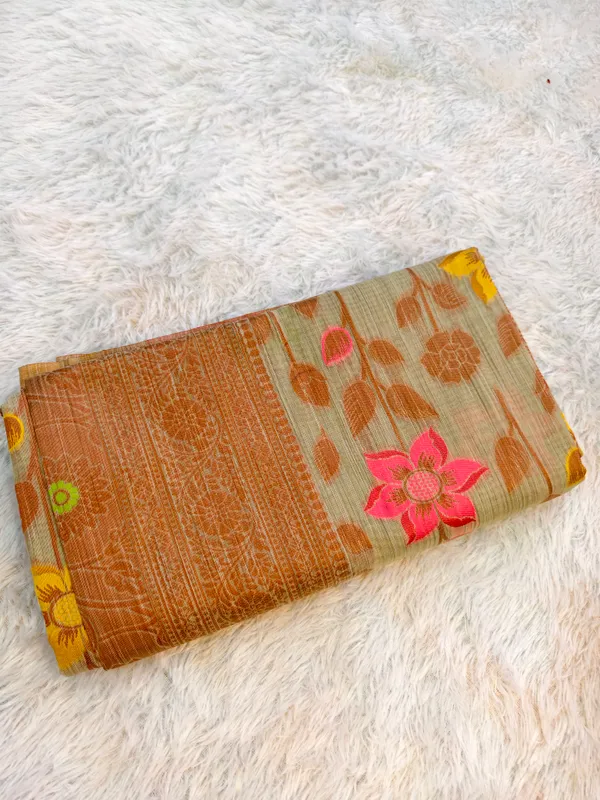 Earthy_Brown_Cotton_Linen_Floral_Leafy_Print_Saree_For_Women