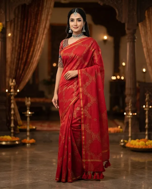 Red_Handloom_Soft_Cotton_Golden_Nakshi_Border_Saree_For_Women