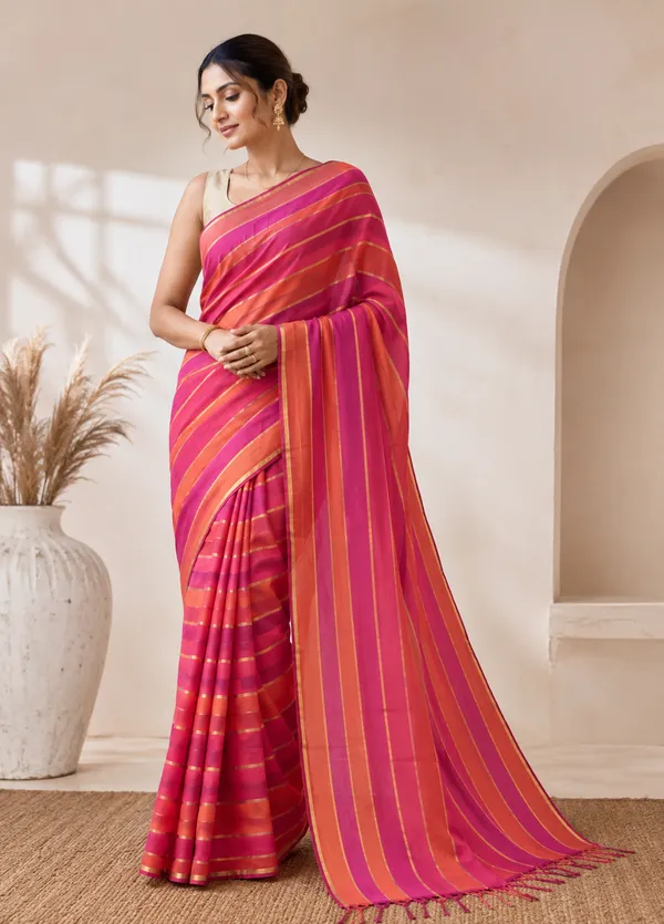 Red_Orange_Mul_Cotton_Zari_Striped_Saree_For_Women