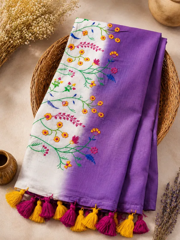 White_Lavender_Pure_Mul_Cotton_Two-Tone_Embroidery_Saree_For_Women