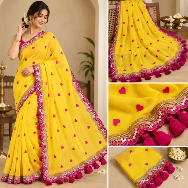 Turmeric_Yellow_Pure_Mul_Cotton_Heart_Embroidery_Sequin_Lace_Saree_For_Women
