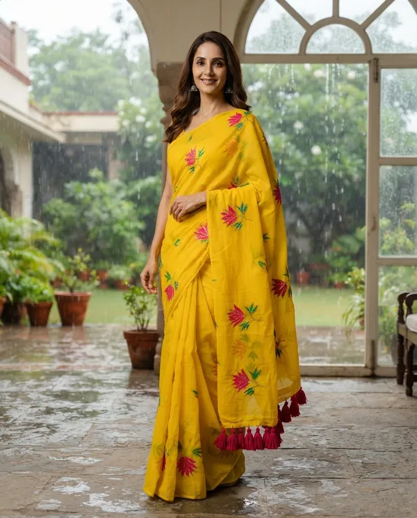Yellow_Mul_Cotton_Lotus_Embroidery_Saree_For_Women