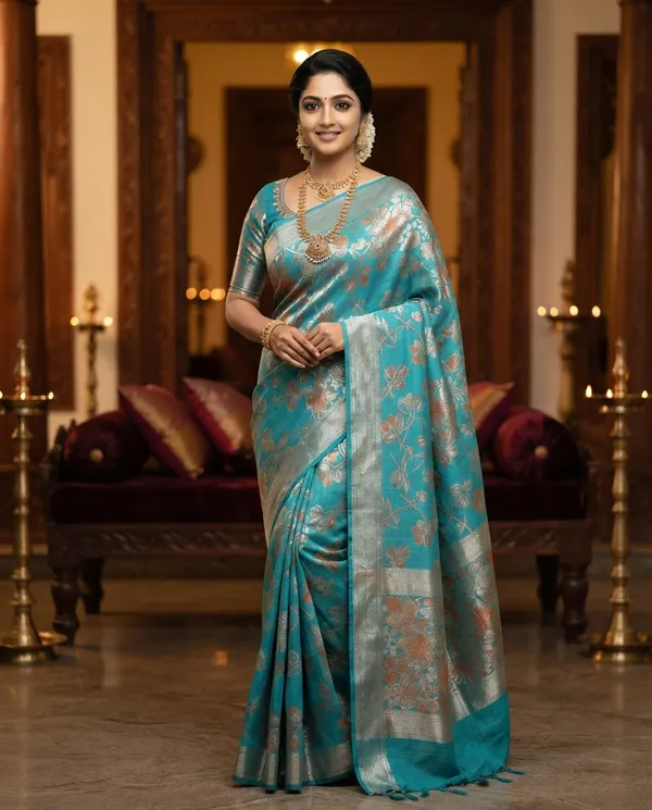 Sky_Blue_Cotton_Linen_Banarasi_Golden_Zari_Saree_For_Women