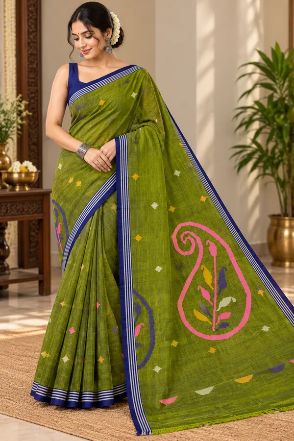 Olive_Green_Soft_Cotton_Hand_Weaving_Saree_For_Women