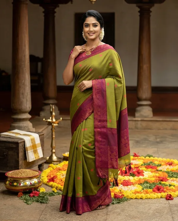 Olive_Green_Pure_Gadwal_Cotton_Zari_Border_Saree_For_Women