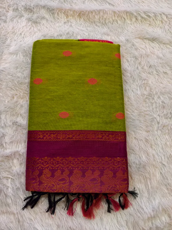 Olive_Green_Pure_Gadwal_Cotton_Zari_Border_Saree_For_Women