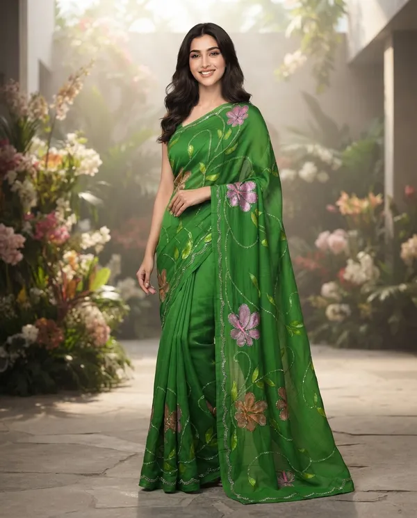 Parrot_Green_Pure_Chiffon_Hand_Painted_Kat_Dana_Saree_For_Women