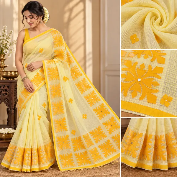 Lemon_Yellow_Resham_Kota_Applique_Work_Saree_For_Women