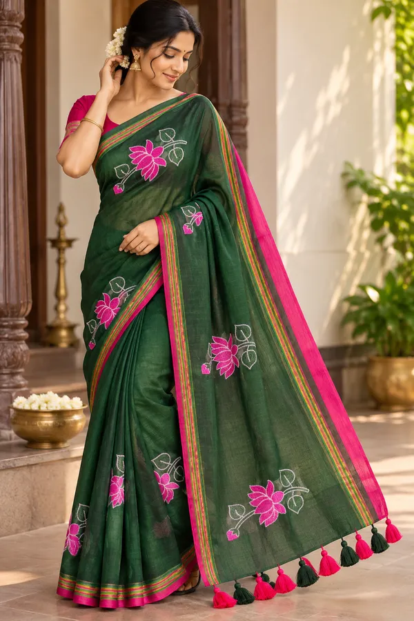 Bottle_Green_Mul_Cotton_Lotus_Embroidery_Saree_For_Women